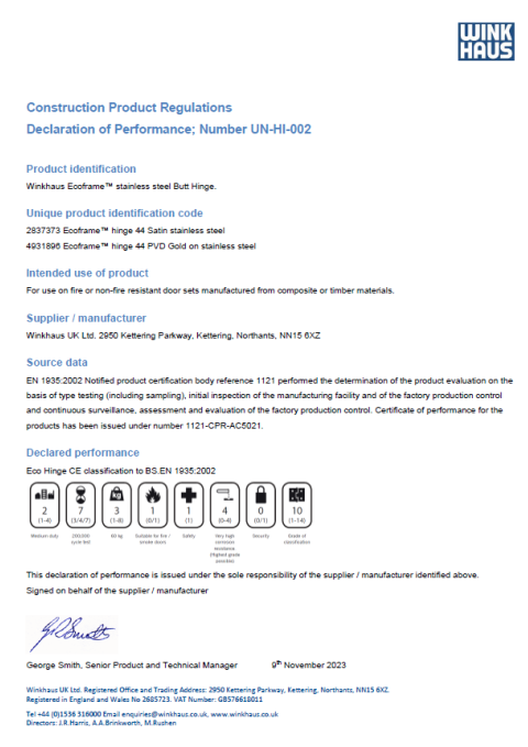 fireframe hinge declaration of performance